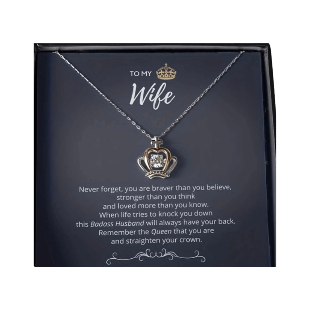 Affordable crown-shaped pendant necklace with cubic zirconia stone, crafted from high-quality copper, available in Canada. Elegant gift for wife, perfect for everyday wear or special occasions.